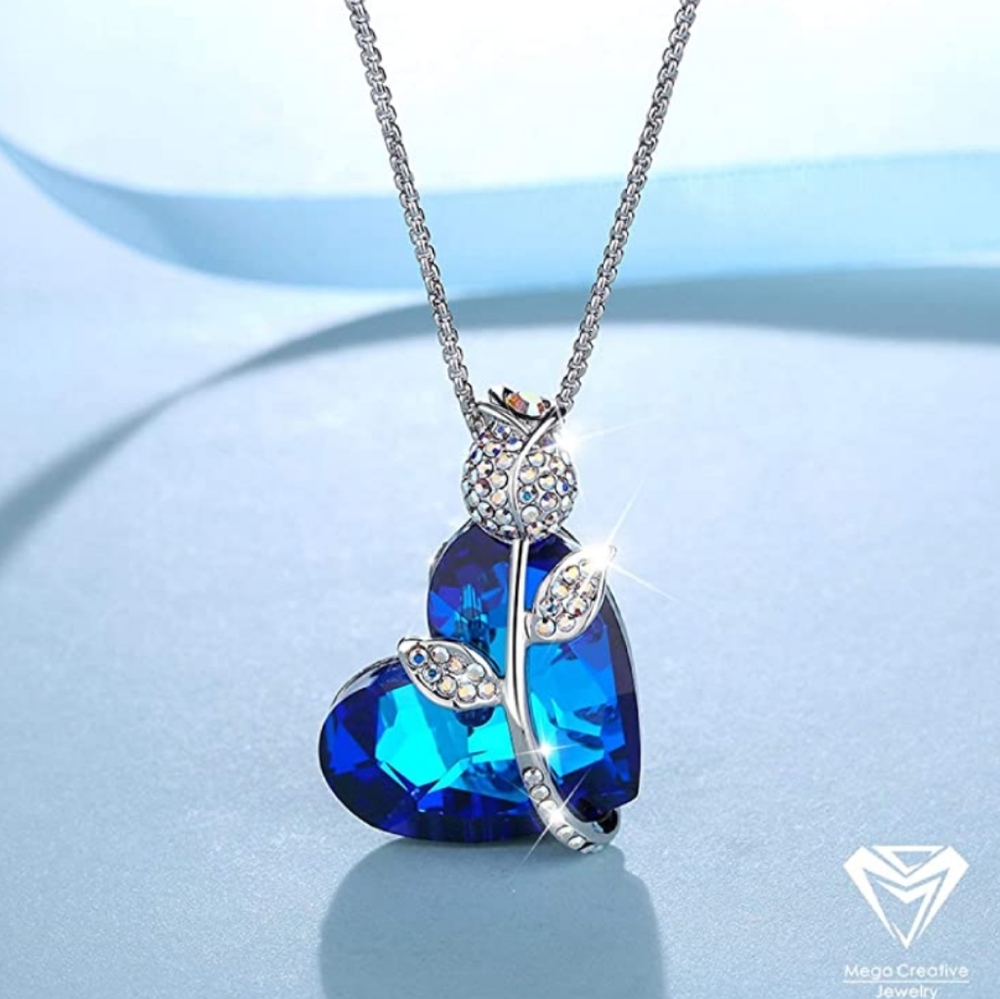 Blue Heart Rose Sapphire Necklace with Crystals